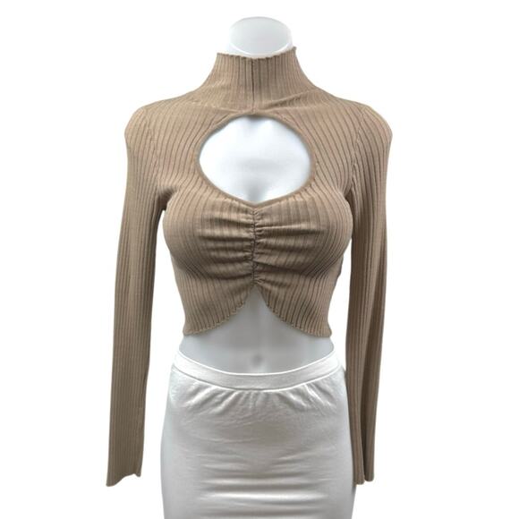 Zara Tan Turtleneck Ribbed Knit Cutout Ruched Long Sleeve Sweater Top Size S - Picture 1 of 4
